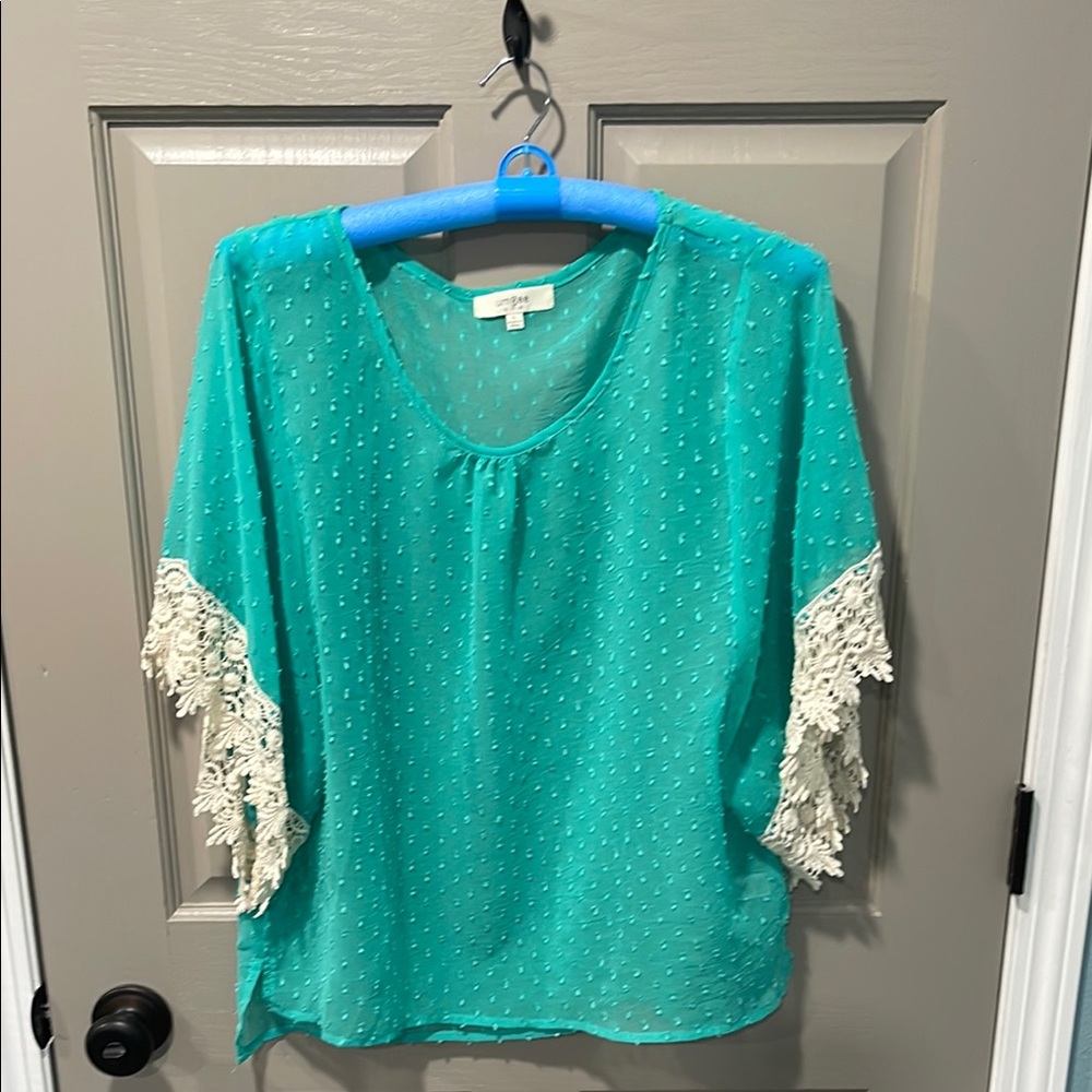 Sheer Teal Top with Lace Sleeves